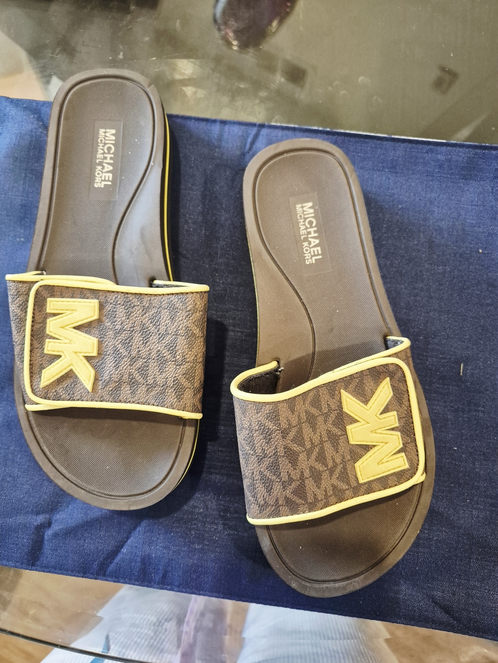 Michael Kors Womens ' Brown & Yellow MK Slide Sandals Size 6
